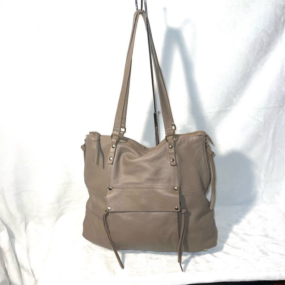 Kooba Everette Women's Taupe Leather Tote Bag with Zipper & Tassels